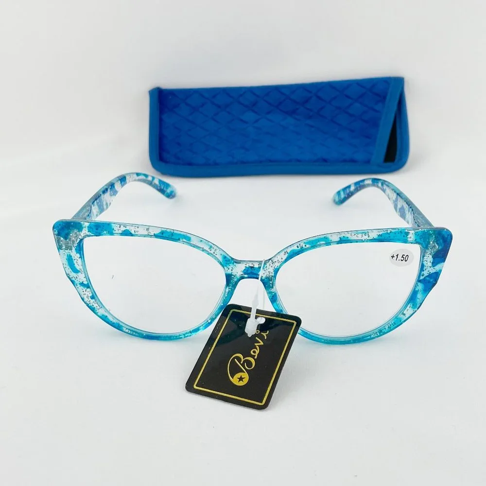 Bevi +1.50 Reading Glasses Blue Glitter Cat Eye
